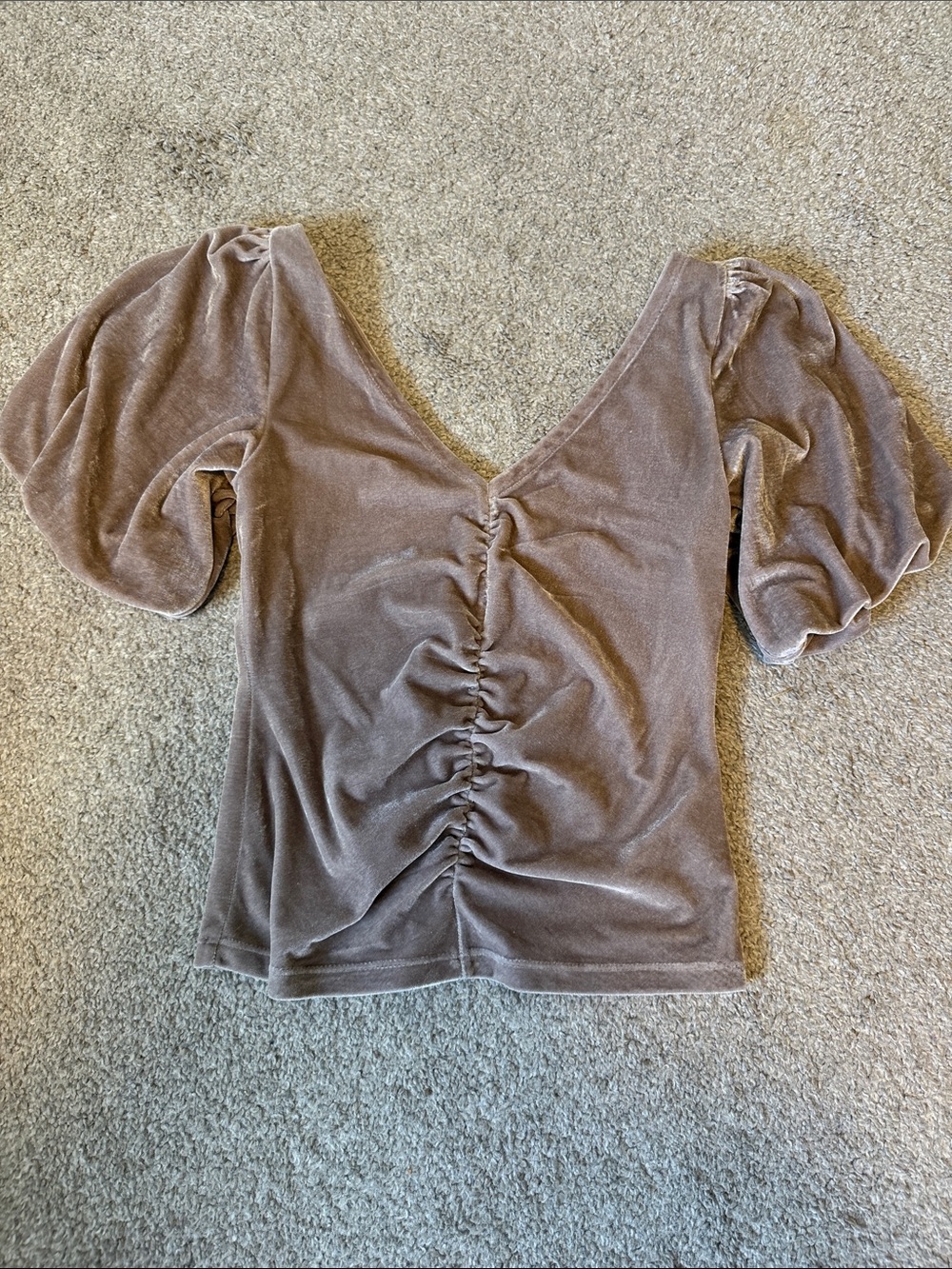 Free People V-Neck Ruched Velvet Puff Sleeve Top - Taupe